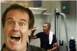 That is actually Barack Obama behind me. We’re working out together… well, not together, but in the same fitness center at the same time. I think he’s taking a photo of me, Tim Jones, the famous Humor Blogger. It took all my willpower to resist hugging him and crying that I missed him. So, I settled for a kiss.