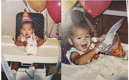 As a toddler, Rachel loved food – especially playing with it. On her 1st birthday, she tried a piece of birthday cake for the very first time. At left, she is contemplating what exactly to do with her cake. At right, Rachel about ten minutes later, having annihilated the cake.